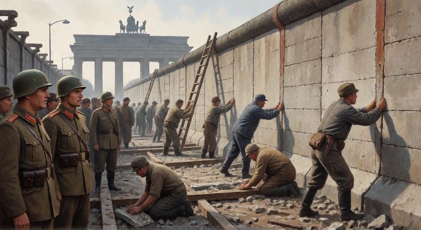 que ocurrio con alemania despues de la segunda guerra mundial, Construcción del Muro de Berlín en 1961 con soldados y trabajadores