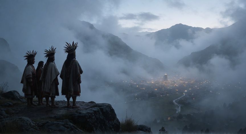 qué ocurrió con ayar uchu y ayar auca, Figuras incas contemplando el valle de Cusco en la neblina