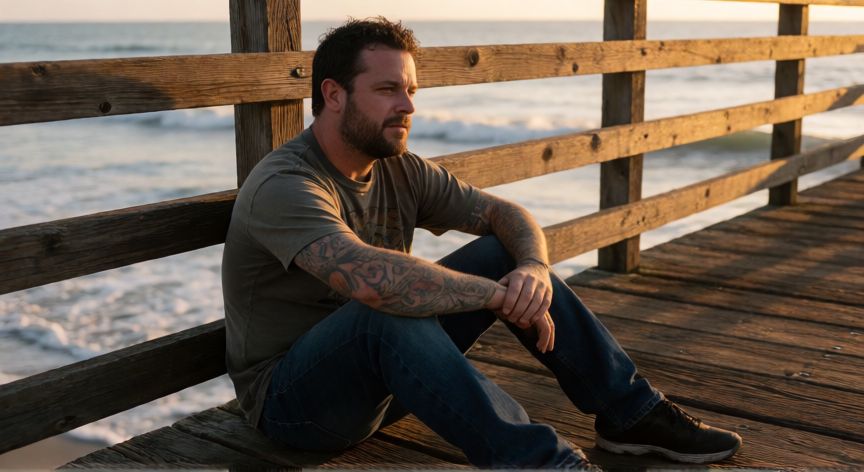 que ocurrio con bam margera, Bam Margera reflexivo en un muelle al atardecer