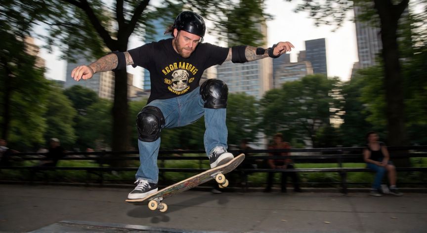 que ocurrio con bam margera, Bam Margera haciendo una pirueta de patineta en un parque urbano