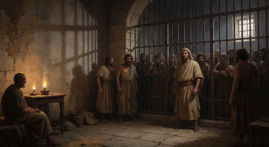 qué ocurrió con barrabás tras su liberación, Prisión romana en Jerusalén con prisioneros judíos detrás de barrotes, iluminación tenue por lámparas de aceite