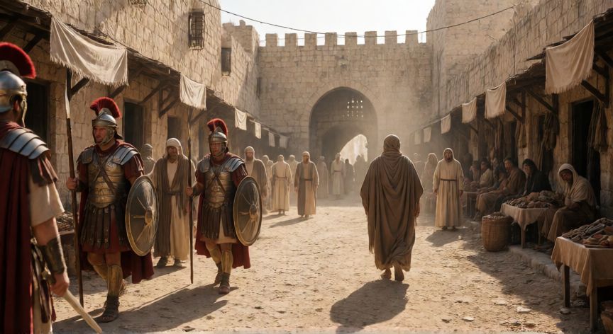 qué ocurrió con barrabás tras su liberación, Calle polvorienta de Jerusalén en el siglo I, soldados romanos patrullando y una figura solitaria caminando lejos de la prisión