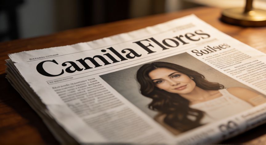que ocurrio con camila flores, Portada de periódico borrosa con el titular Camila Flores sobre un escritorio