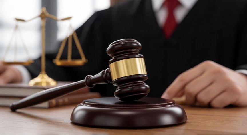 que ocurrio con camila flores, Maza de juez en una sala de tribunal con fondo desenfocado