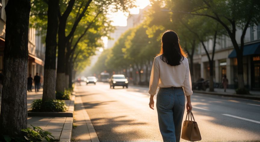 que ocurrio con carmen villalobos, Carmen Villalobos caminando por una calle arbolada al atardecer respetando su privacidad
