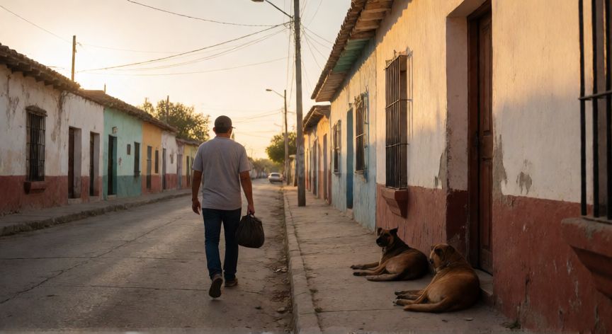 que ocurrio con cesar millan el encantador de perros, Vista de un hombre caminando por una calle tranquila al atardecer en una zona residencial con perros descansando