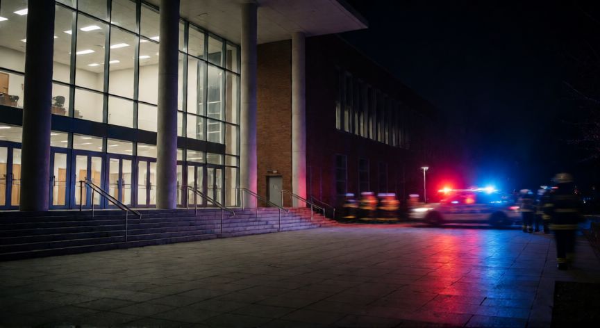 que ocurrio con charlie kirk, Exterior de la Universidad de Utah durante la noche con luces de emergencia tras el incidente