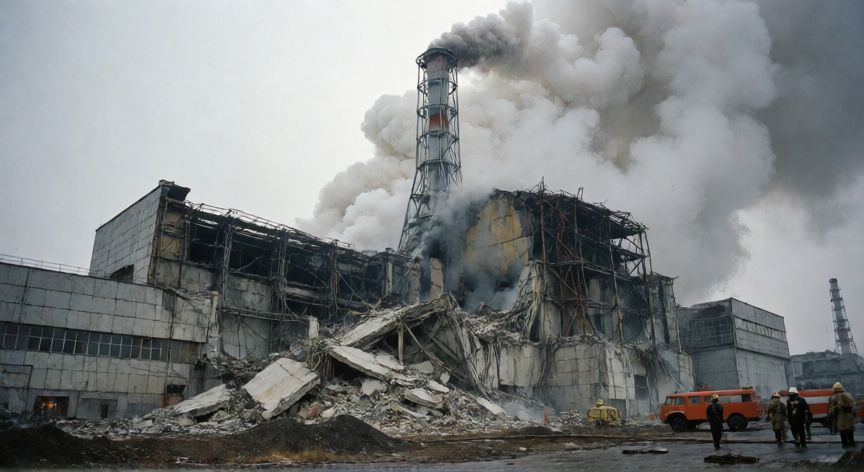 que ocurrio con chernobyl, Reactor 4 de Chernobyl tras la explosión con daños estructurales graves