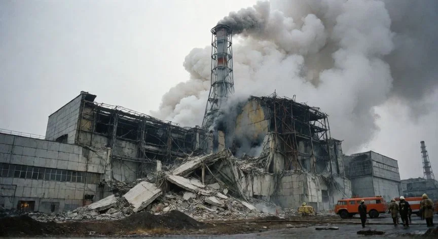 Reactor 4 de Chernobyl tras la explosión con daños estructurales graves
