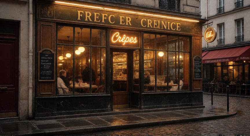 que ocurrio con crepes and waffles, Fachada clásica de un café parisino con letrero de Crêpes y ambiente nostálgico