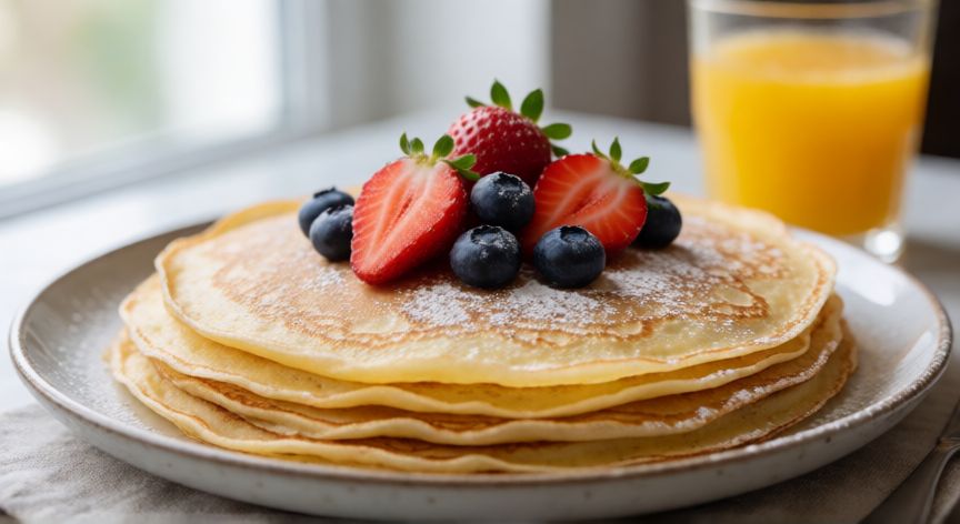 que ocurrio con crepes and waffles, Plato de crêpes con frutas frescas y azúcar glas en primer plano