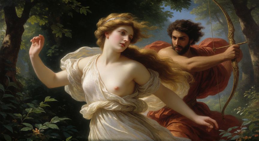 que ocurrió con dafne, La náyade Dafne huyendo por el bosque perseguida por Apolo en la mitología griega