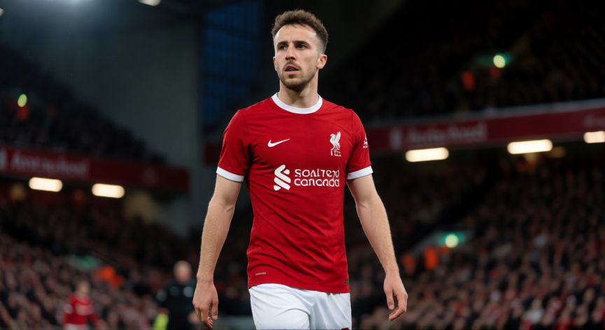 que ocurrio con diogo jota, Diogo Jota con la camiseta del Liverpool en el estadio Anfield