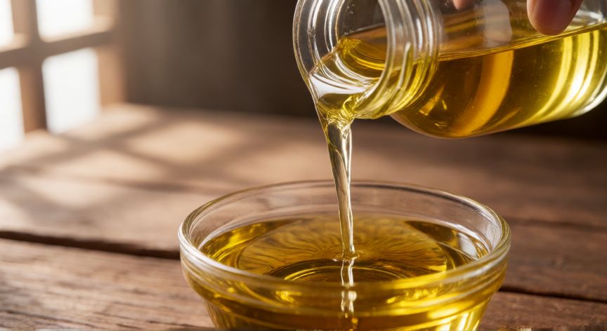 que ocurrio con el aceite de colza, Aceite de colza dorado vertiéndose en un bol sobre mesa de madera