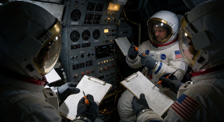 qué ocurrió con el apolo 13, Astronautas trabajando en el módulo lunar Aquarius durante la emergencia