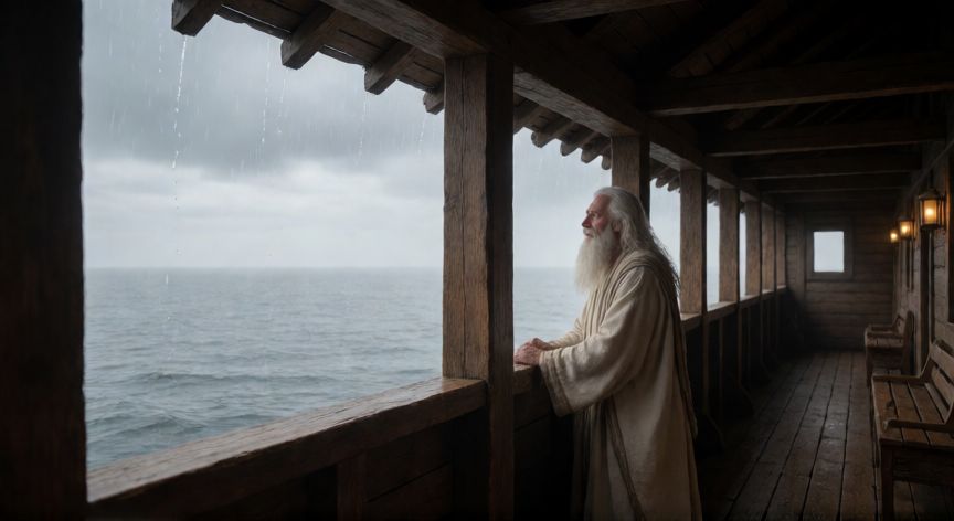 qué ocurrió con el arca 5 meses después, Noé observando el horizonte desde dentro del Arca mientras las aguas bajan lentamente
