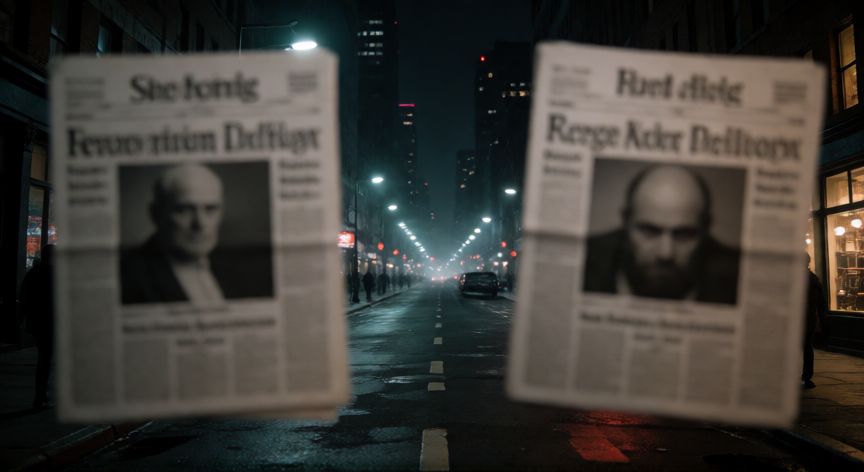 que ocurrio con el caso asunta, Fotografía atmosférica de un periódico con titulares difuminados en la noche, sugiriendo misterio mediático.