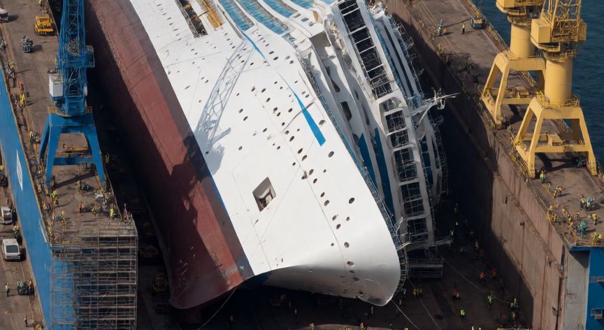 qué ocurrió con el costa concordia, Vista aérea del Costa Concordia en el astillero de Génova preparado para el desguace
