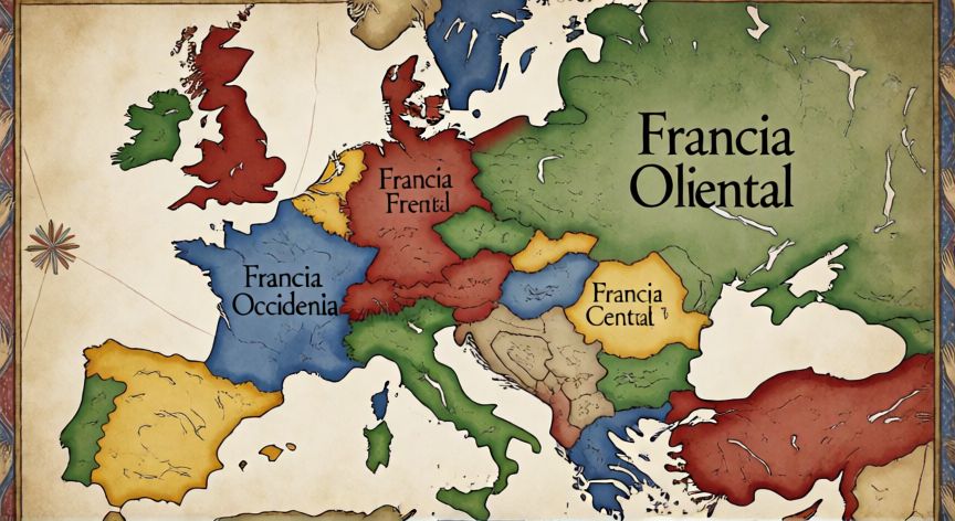 qué ocurrió con el imperio carolingio tras la muerte de carlomagno, Mapa histórico de la división del Imperio Carolingio tras la Paz de Verdún en 843