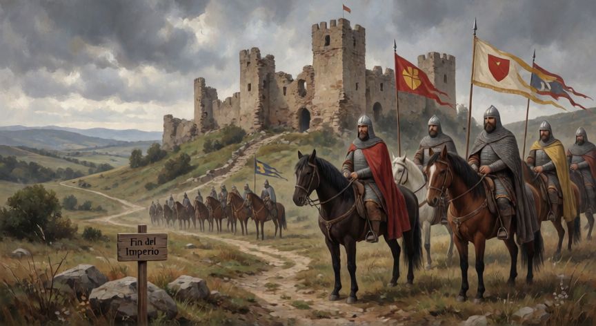 qué ocurrió con el imperio carolingio tras la muerte de carlomagno, Escena medieval que representa el ascenso de los señores feudales tras la caída del poder central carolingio