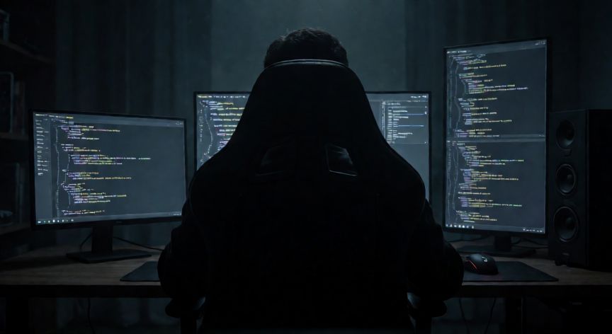 que ocurrio con el jugador zero, Silueta misteriosa en una sala de juego oscura con monitores brillantes