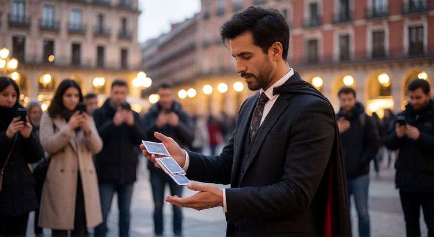 qué ocurrió con el mago simón, Ilustración realista de un mago de calle realizando un truco con cartas en una plaza española
