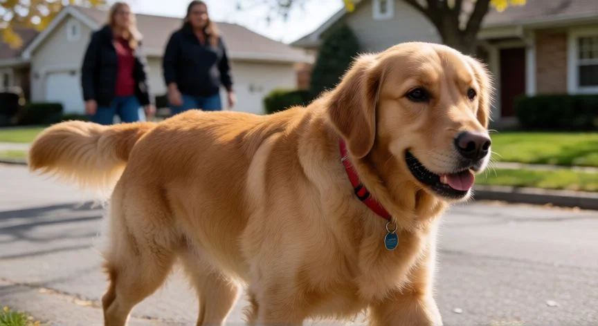 Perro Wilson caminando por una calle suburbana durante su búsqueda