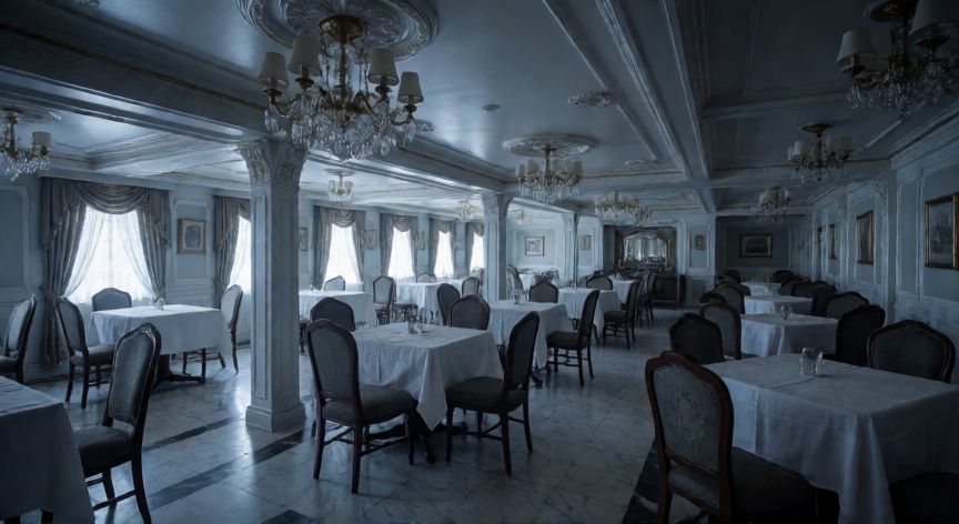 que ocurrio con el titanic, Interior lujoso y abandonado del comedor principal del Titanic antes del desastre final