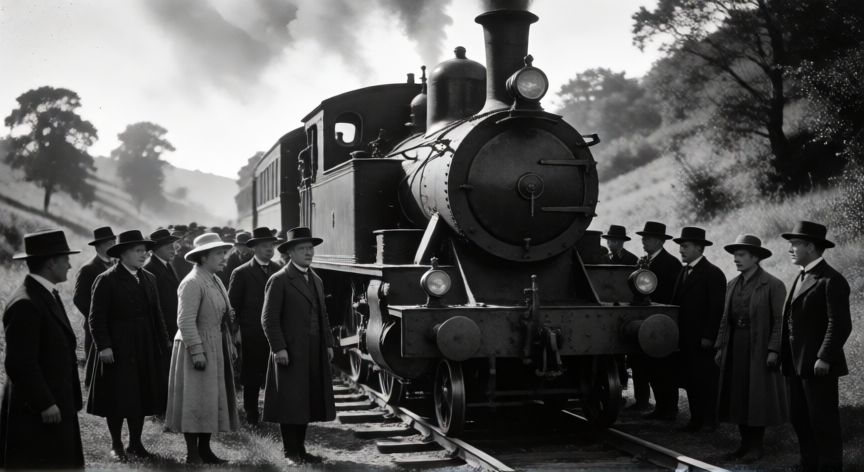 que ocurrió con el tren zanetti, Fotografía histórica antigua de una locomotora de vapor detenida en el campo con multitud de espectadores