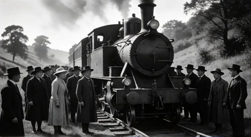 Fotografía histórica antigua de una locomotora de vapor detenida en el campo con multitud de espectadores