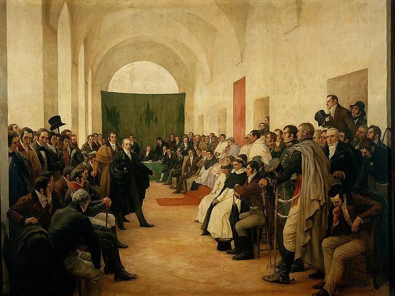 El Cabildo abierto de Buenos Aires del 22 de mayo de 1810, óleo de Pedro Subercaseaux: los vecinos reunidos en la sala del Cabildo para resolver el destino del 