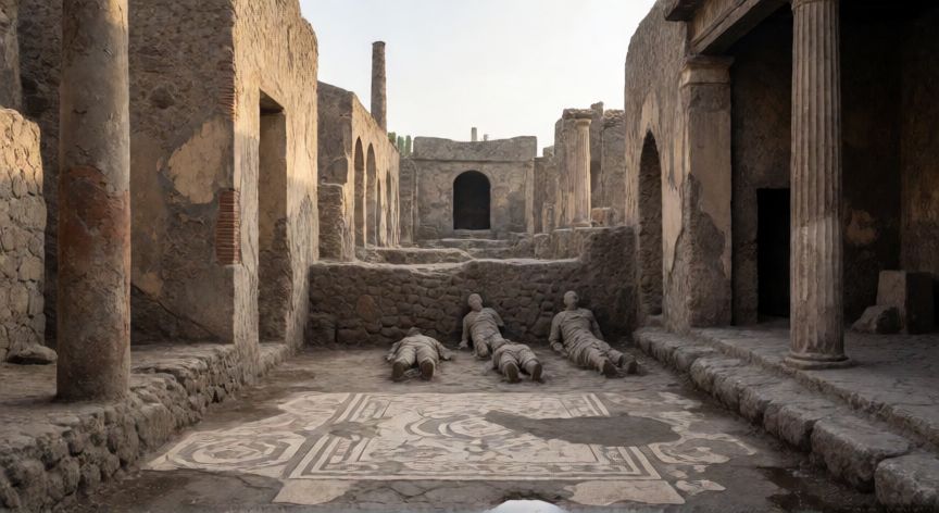 que ocurrio con el volcan vesubio en el año 79 dc, Excavación arqueológica en las ruinas de Pompeya con moldes de víctimas