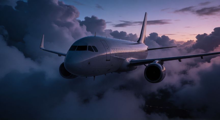 que ocurrió con el vuelo 914, Avión comercial volando entre nubes con atmósfera misteriosa al anochecer