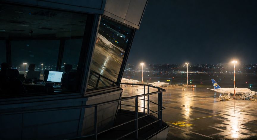 que ocurrió con el vuelo 914, Torre de control aéreo nocturna observando una pista de aterrizaje iluminada