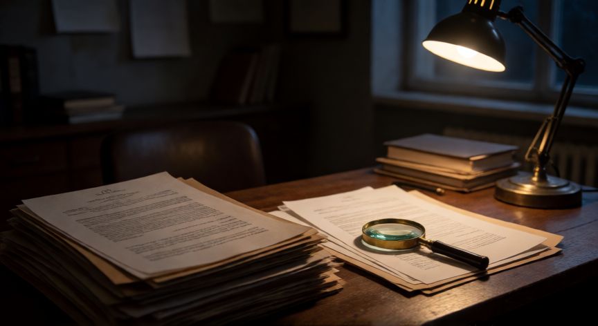 que ocurrio con facundo moyano, Documentos judiciales sobre la mesa de un detective investigando un caso