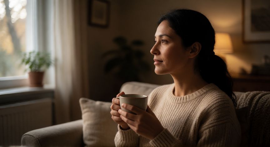 que ocurrio con florencia peña, Mujer reflexiva tomando té en un ambiente acogedor
