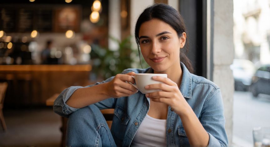 que ocurrio con fran maira, Fran Maira tomando un café en una terraza soleada