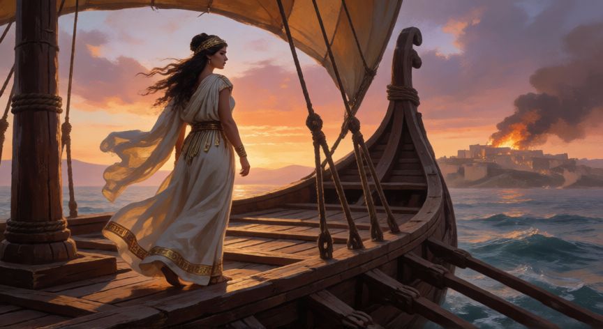 que ocurrio con helena de troya, Helena de Troya en un barco griego mirando hacia la ciudad quemada al atardecer