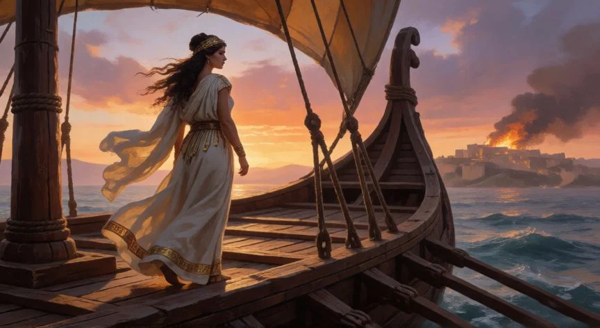 Helena de Troya en un barco griego mirando hacia la ciudad quemada al atardecer