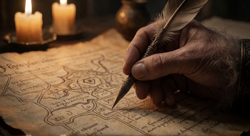qué ocurrió con invierno, Manos escribiendo el final de Canción de Hielo y Fuego con mapa antiguo