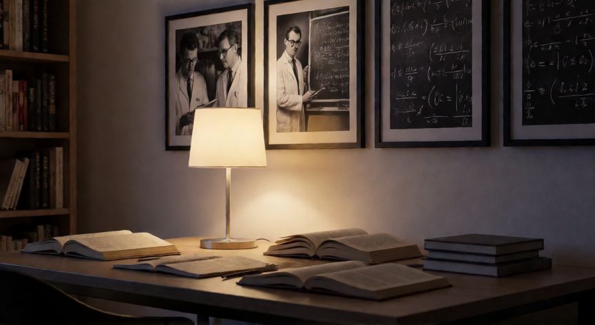 que ocurrio con jacobo grinberg, Ambiente de estudio y reflexión científica con libros abiertos y pizarras de ecuaciones