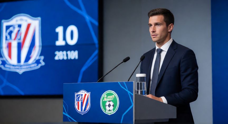 que ocurrio con jamal musiala, Sala de rueda de prensa oficial de un club de fútbol con atril y micrófonos