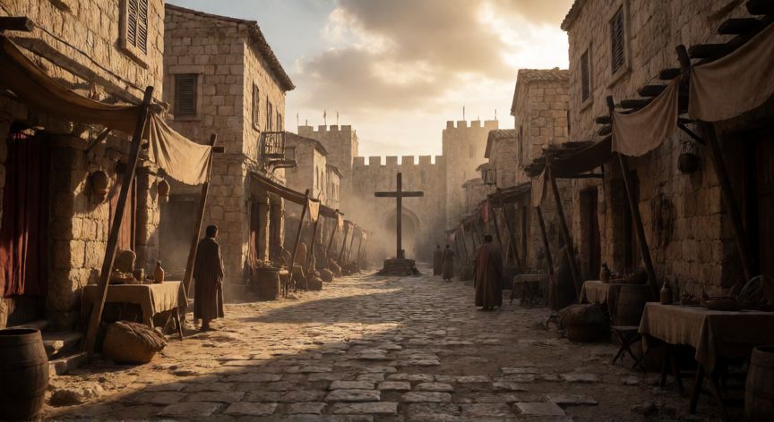 qué ocurrió con jesús, Vista histórica de Jerusalén con una cruz al fondo durante el siglo I
