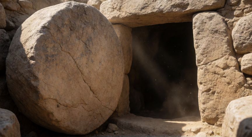 qué ocurrió con jesús, Entrada de una tumba de piedra antigua vacía con la piedra deslizada