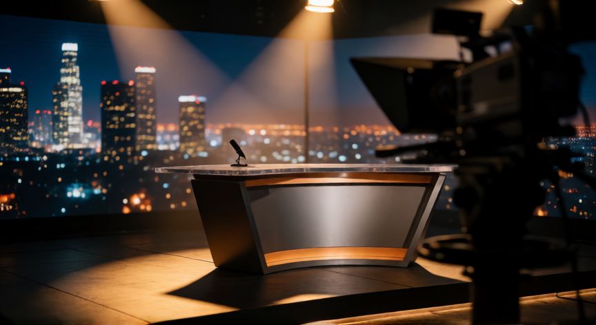 que ocurrio con jimmy kimmel, Set de grabación del programa de Jimmy Kimmel en ABC con iluminación dramática