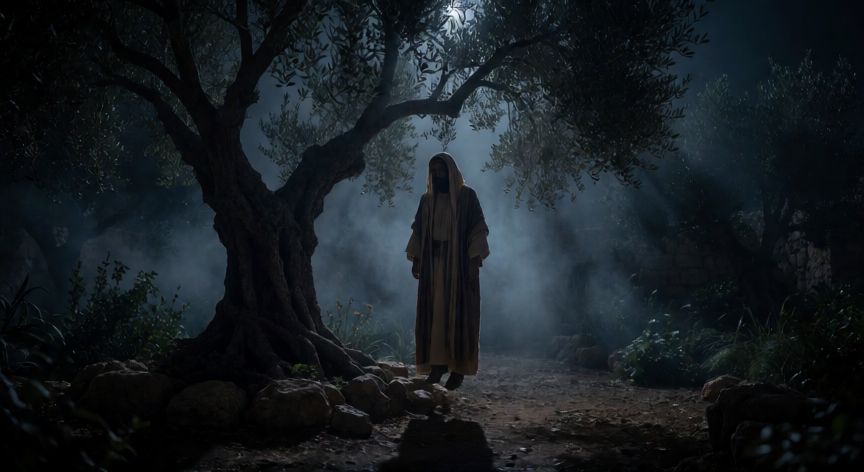 que ocurrio con judas iscariote, Figura solitaria colgando de un árbol en un jardín nocturno bíblico