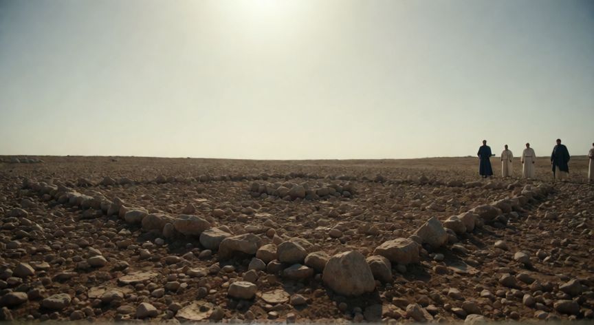 que ocurrio con judas iscariote, Campo árido y rocoso bajo el sol con figuras observando a lo lejos