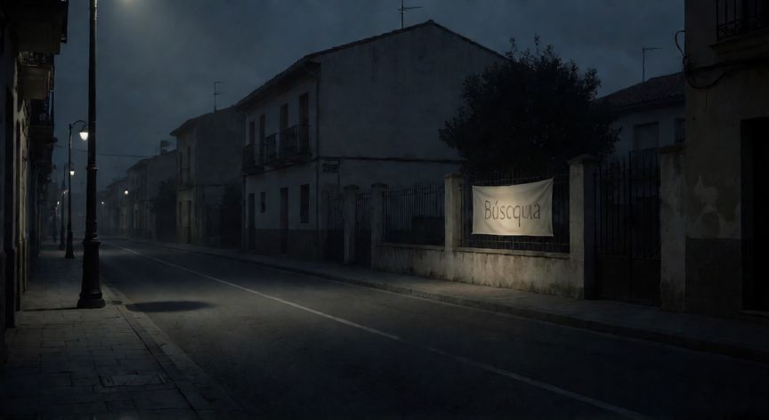 que ocurrio con krishna aguilera, Calle vacía al atardecer con una atmósfera misteriosa y melancólica