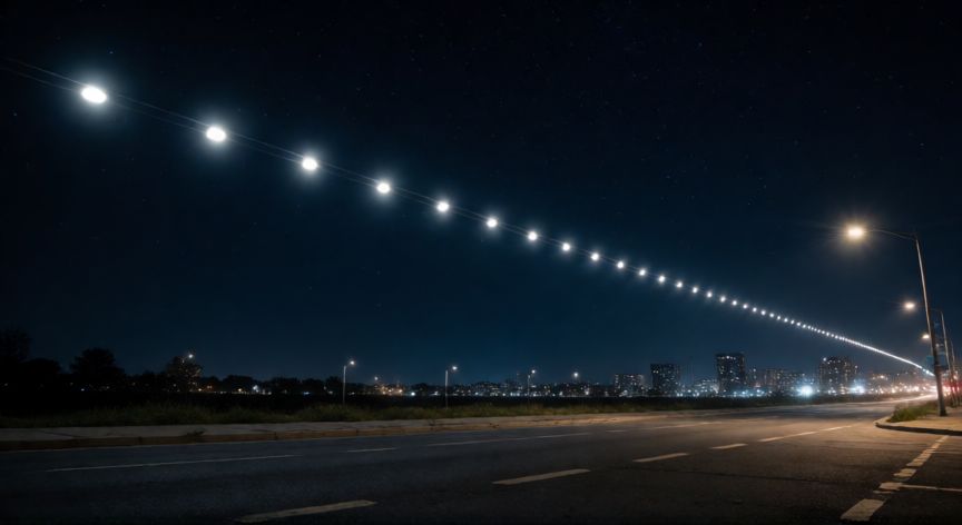 qué ocurrió con la barra luminosa, Línea de luces brillantes en el cielo nocturno urbano