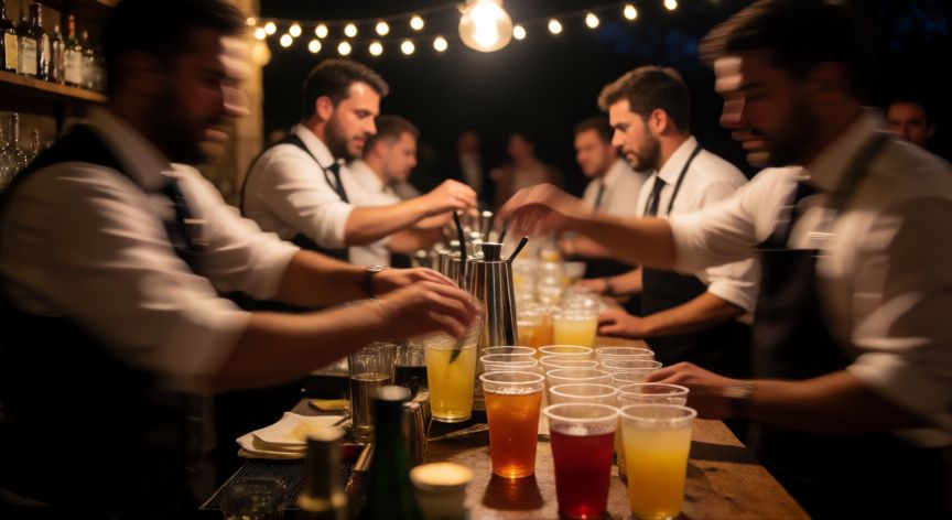 qué ocurrió con la bebida durante la boda, Bar de boda desbordado con personal atendiendo a invitados y derrames